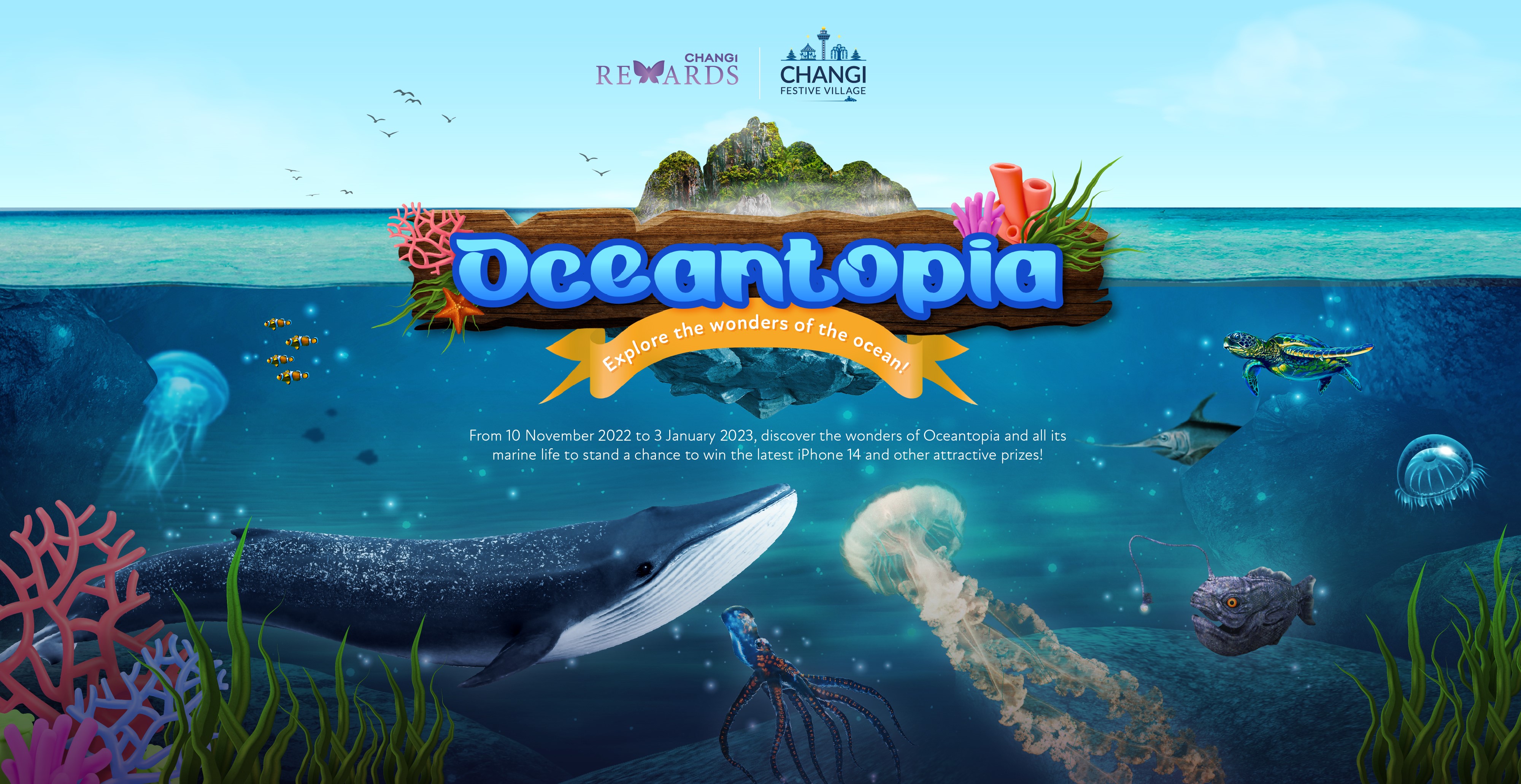 Kumpulkan koleksi kehidupan laut untuk membantu membangun kembali lautan, dan bersiaplah untuk memenangkan hadiah menarik saat Anda menyelam ke dalam game Oceantopia dari Changi Rewards