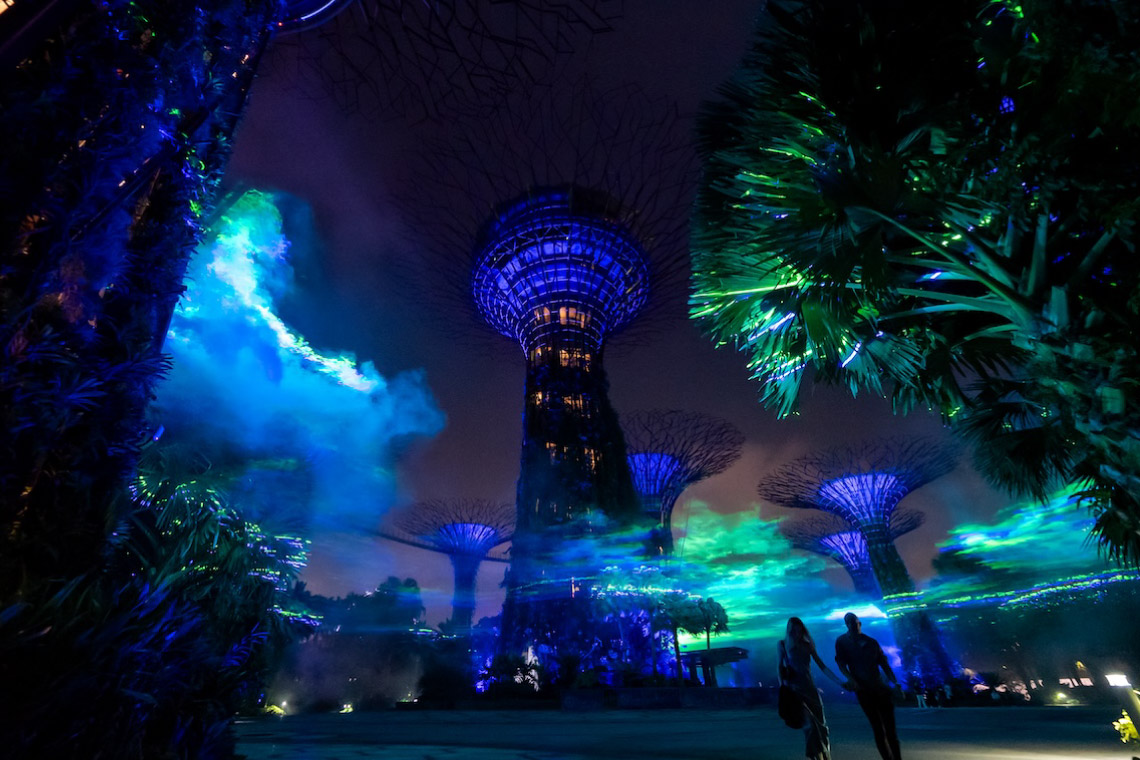 Instalasi Borealis yang ada di Gardens by the Bay, Singapura malam hari.