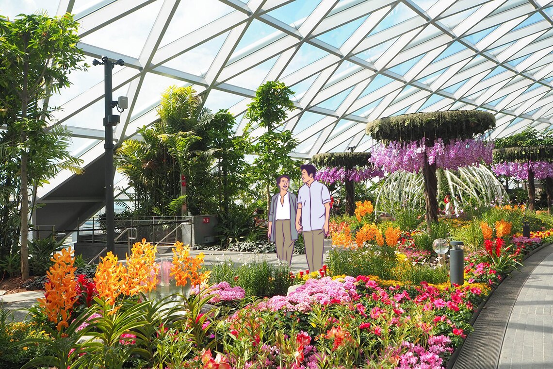 Berjalan bergandengan tangan dengannya di tengah bunga-bunga indah di Petal Garden di Jewel Changi Airport.